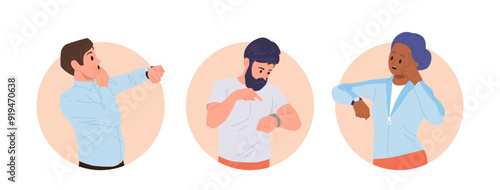 Expressive man and woman cartoon characters looking at smart watch on wrist round composition set