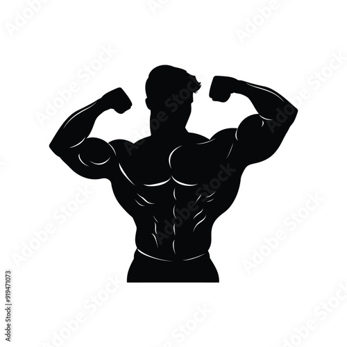 Silhouette of a body builder man vector illustration, Muscular bodybuilder vector silhouette illustration isolated on white background. Sport man strong arms show in different pose., Body builder