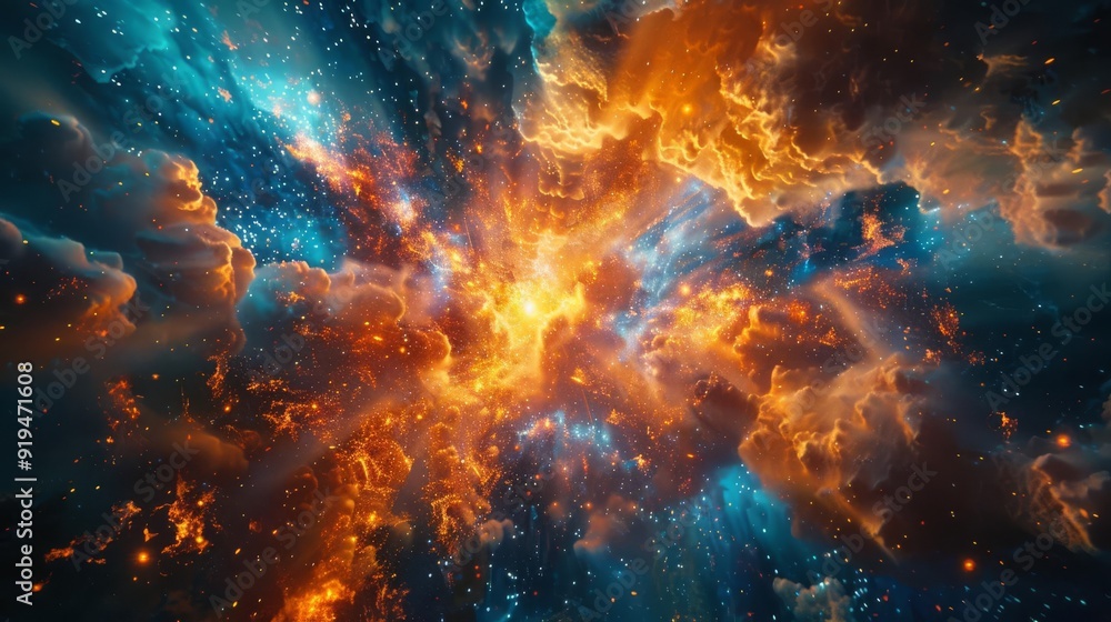 Fototapeta premium Stunning nebula explosion with vibrant colors in deep space, showcasing cosmic beauty and celestial patterns in the universe.