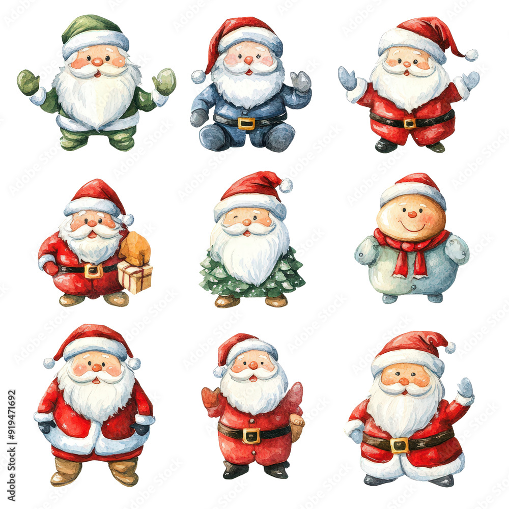 Various Santa Claus vibrant colors, isolated on white background Various Santa Claus vibrant colors, isolated on white background