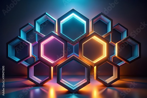 Glowing black blue and orange hexagons background pattern on silver metal surface 3D rendering
 photo