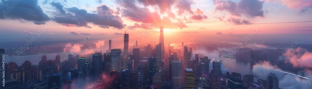 Beautiful cityscape of a bustling metropolis at sunrise, featuring a stunning skyline with skyscrapers, clouds, and vibrant colors. Beautiful cityscape of a bustling metropolis at sunrise, featuring a stunning skyline with skyscrapers, clouds, and vibrant colors.