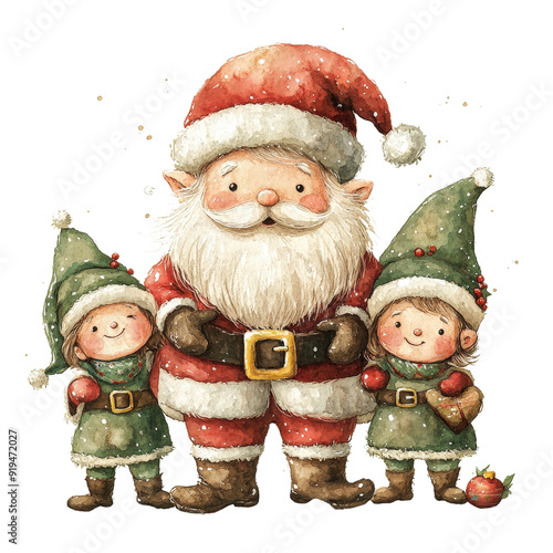 Santa Claus and elves delivering gifts under a beautifully decorated Christmas tree