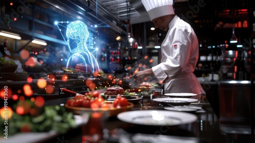 A chef in an upscale restaurant kitchen with an AI assistant as a holographic display offering plating and flavor combination ideas. AIG60