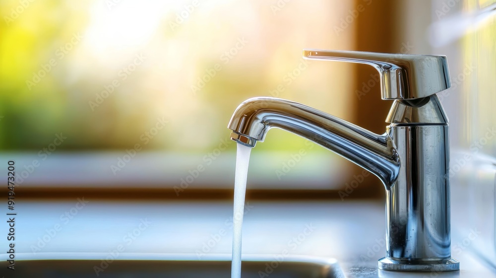 A close-up shot of a modern kitchen faucet with running water, showcasing sleek design and functionality in a bright setting. A close-up shot of a modern kitchen faucet with running water, showcasing sleek design and functionality in a bright setting.