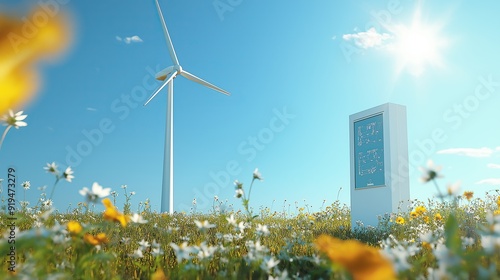 Wind turbine towering over a field of wildflowers. Renewable energy, eco-friendly technology, clean energy production, sustainable environment, green infrastructure photo