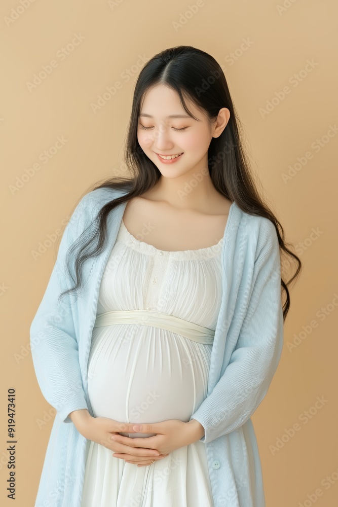 A woman is wearing a blue sweater and white dress and is pregnant. She is smiling and looking at the camera A woman is wearing a blue sweater and white dress and is pregnant. She is smiling and looking at the camera