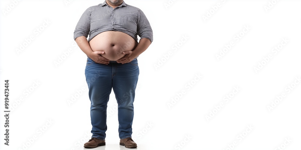 A man with a large belly is standing in front of a white background ...
