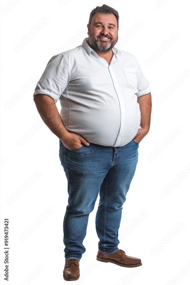 A man with a big belly is wearing a white shirt and blue jeans. He is smiling and posing for the camera A man with a big belly is wearing a white shirt and blue jeans. He is smiling and posing for the camera