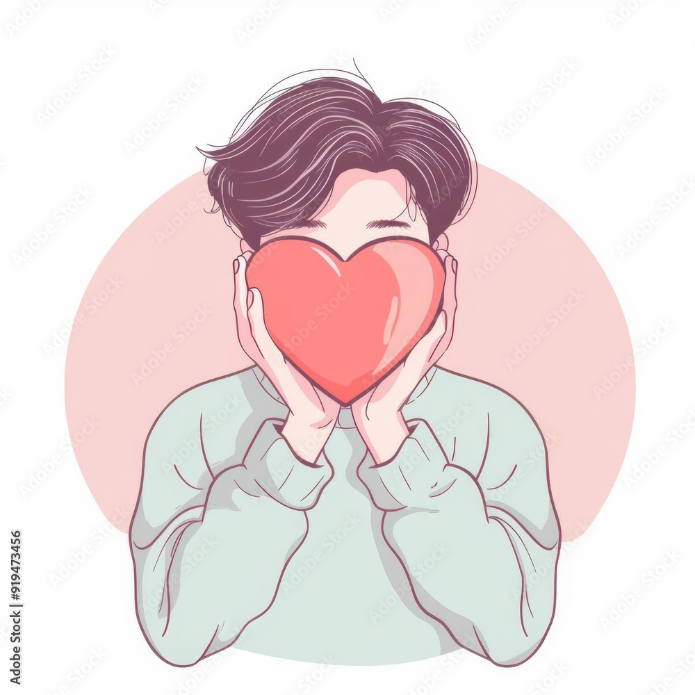 A person with a heartshaped mask, insincere affection element, cartoon style, pastel tones, isolated on white background A person with a heartshaped mask, insincere affection element, cartoon style, pastel tones, isolated on white background