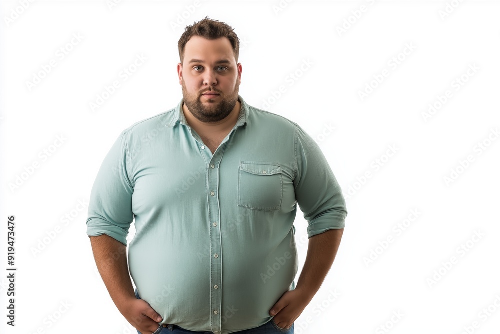 Fototapeta premium A man with a beard and a green shirt is standing in front of a white background. He is looking at the camera with a serious expression