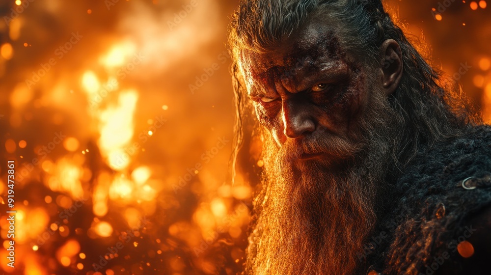 Obraz premium Powerful warrior wielding axe amidst fiery chaos
