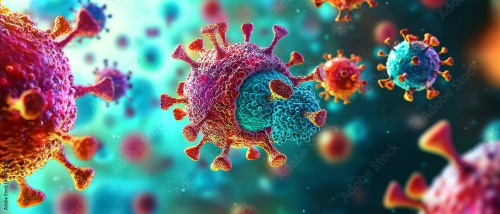 Close-up view of colorful virus particles floating in a scientific background, showcasing intricate details and vibrant colors. Close-up view of colorful virus particles floating in a scientific background, showcasing intricate details and vibrant colors.