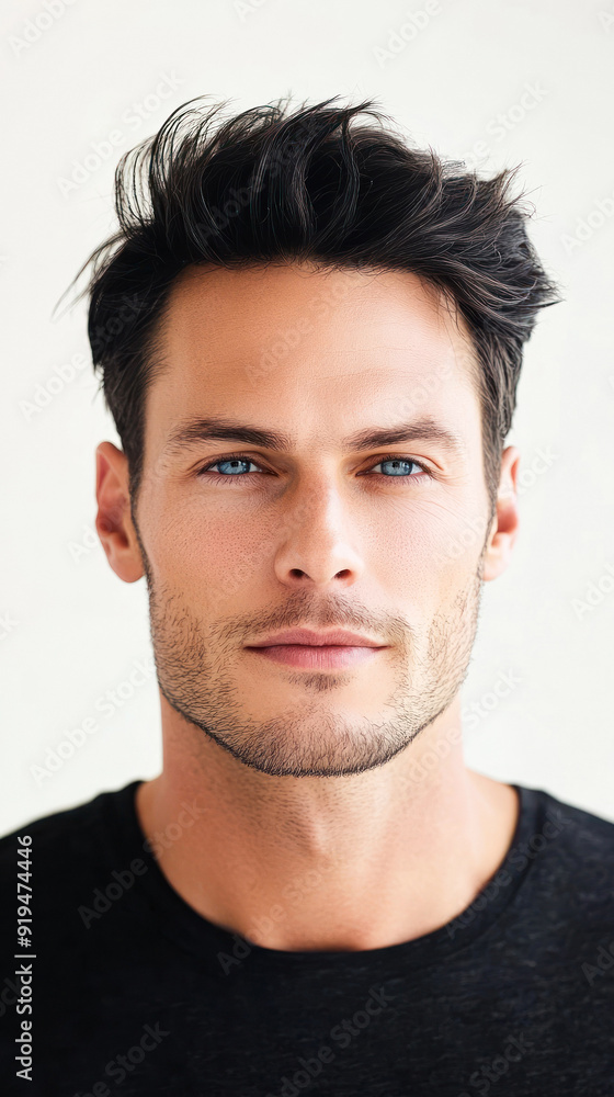 Blue-eyed man in black shirt looking directly on camera Blue-eyed man in black shirt looking directly on camera