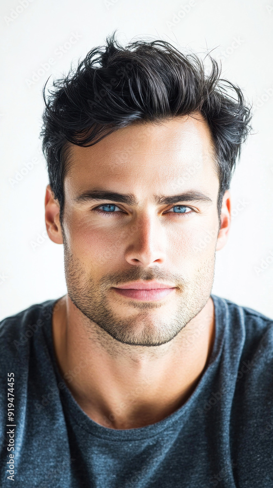 Thoughtful man with bright blue eyes in grey tee Thoughtful man with bright blue eyes in grey tee