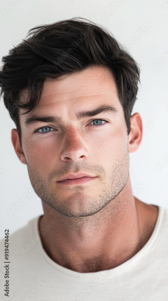 Man with intense gaze in casual white shirt Man with intense gaze in casual white shirt