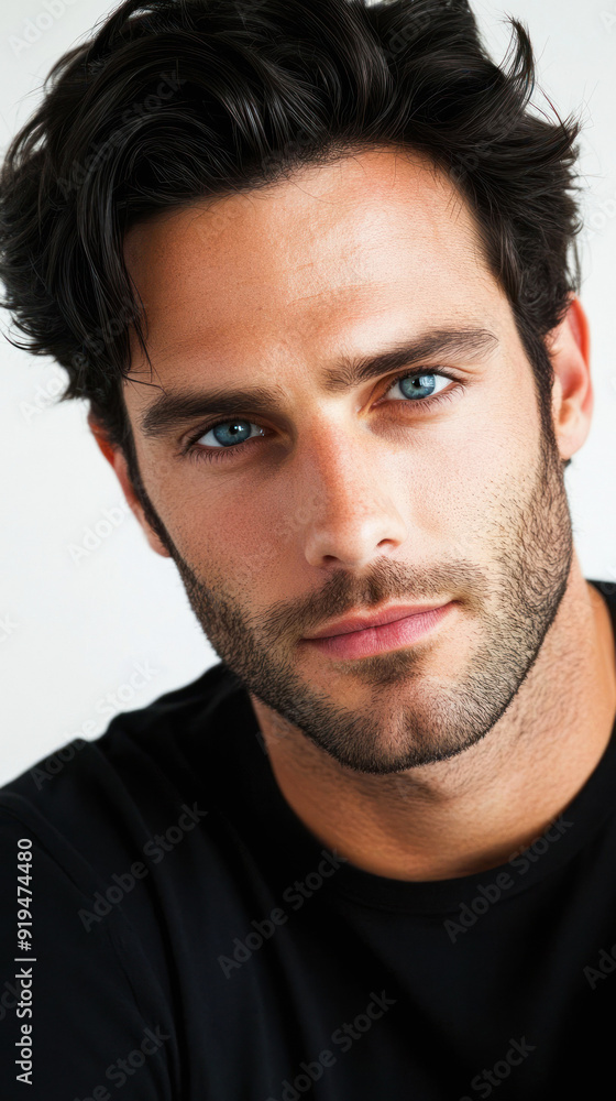 Fototapeta premium Man with beard and blue eyes wearing black shirt staring