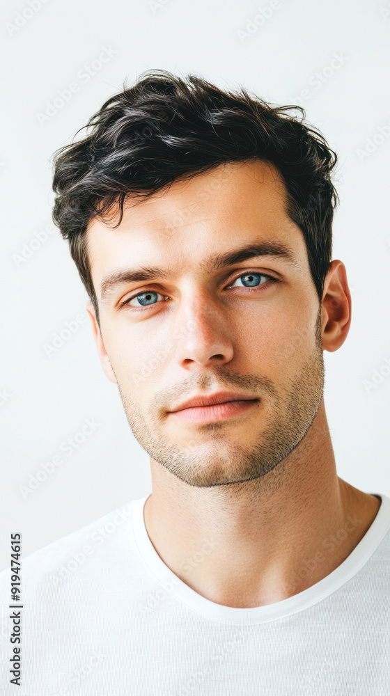 Man with blue eyes and light stubble in white shirt. Man with blue eyes and light stubble in white shirt.