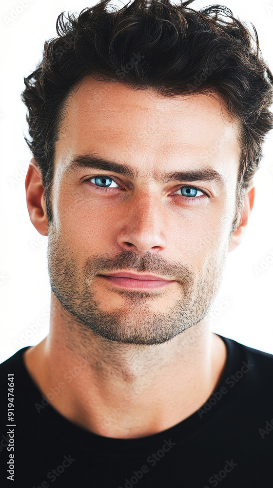 Man with blue eyes in black shirt looking serious. Man with blue eyes in black shirt looking serious.