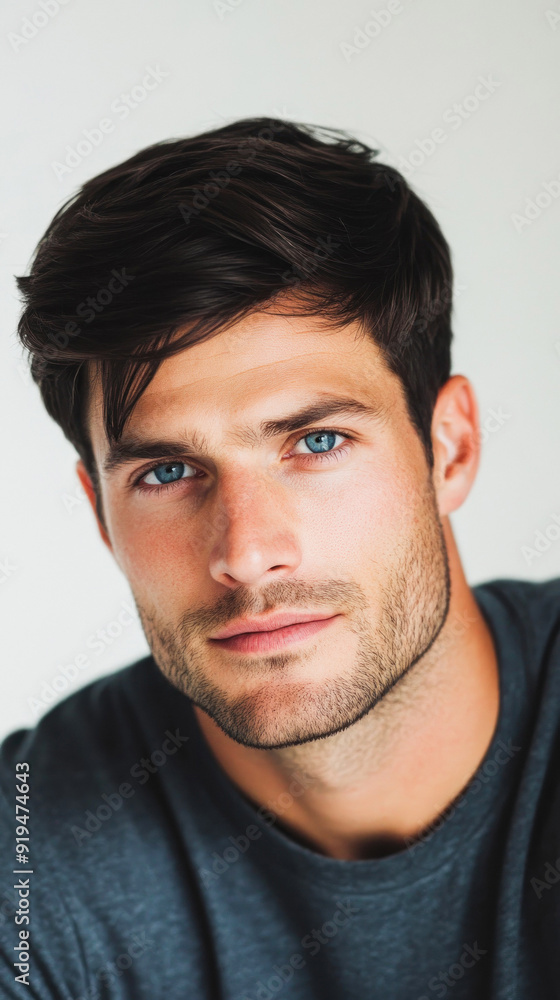 Obraz premium Young man with blue eyes in a grey shirt.