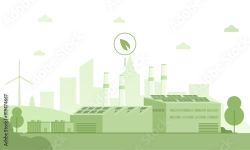 Green industrial landscape vector. Eco-friendly factory with solar panels, wind turbine, and urban skyline. Sustainable manufacturing concept. Clean energy in industry. Minimalist monochrome design.
