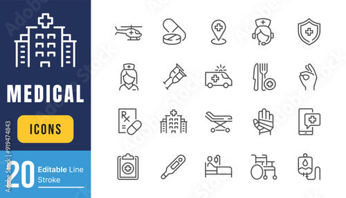 Set of Medical Assistance Related Vector Line Icons. Contains such Icons as Wheelchair, Special Diet, Hospital Locator and more. Editable Stroke. 