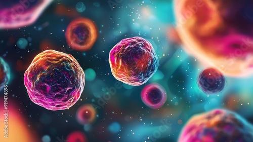 Wallpaper Mural Vibrant microscopic view of cells, showcasing their intricate structures and colors against a cosmic background. Torontodigital.ca