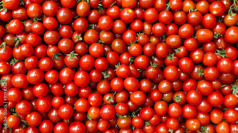 Top View of a Large Group of Red Cherry Tomatoes Forming a Vibrant Background, Showcasing Freshness and Abundance in High-Detail and High-Resolution Top View of a Large Group of Red Cherry Tomatoes Forming a Vibrant Background, Showcasing Freshness and Abundance in High-Detail and High-Resolution