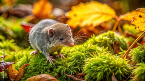 Tiny pygmy shrew with grayish-brown fur and long, pointed snout scurries across a moss-covered forest floor, surrounded by dense foliage and fallen leaves. photo