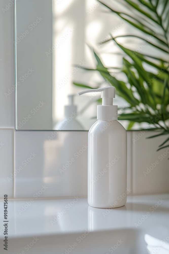 White lotion bottle with pump dispenser on a bathroom countertop with green plant in the background White lotion bottle with pump dispenser on a bathroom countertop with green plant in the background
