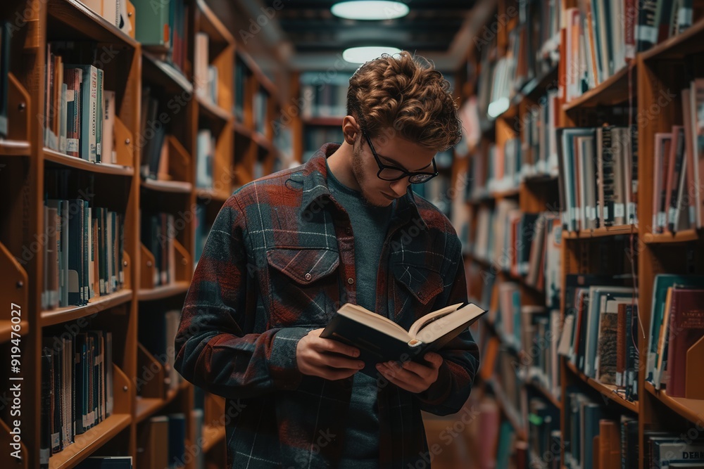 Young man reading a book in a library aisle, surrounded by shelves filled with books, creating an atmosphere of focus and knowledge Young man reading a book in a library aisle, surrounded by shelves filled with books, creating an atmosphere of focus and knowledge