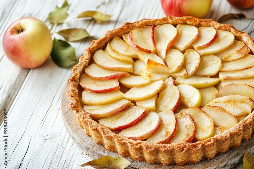 Homemade apple pie with golden crust and fresh apple slices on a rustic wooden table, surrounded by whole apples and autumn leaves Homemade apple pie with golden crust and fresh apple slices on a rustic wooden table, surrounded by whole apples and autumn leaves
