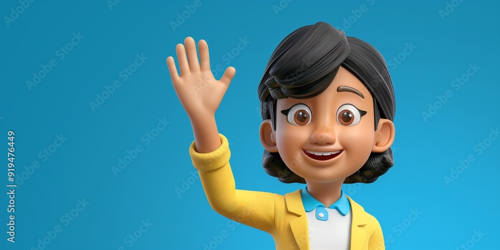 3d cartoon Happy young woman waving on orange background, space for text. 3d cartoon Happy young woman waving on orange background, space for text.