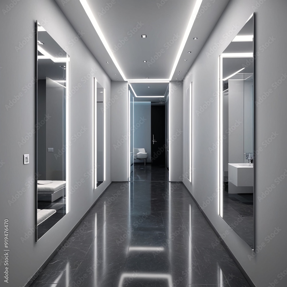 Futuristic Hallway with Mirror Reflections