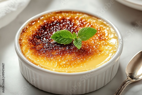 Classic crème brûlée with a caramelized top and a spoon with copy space. 