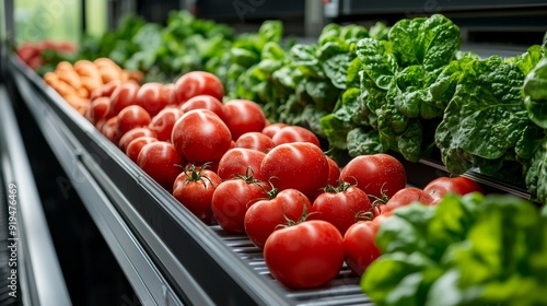 Automated, temperaturecontrolled conveyor for fresh produce with cryocooling, heat seals, and thermal sensors, Created with Generative AI. photo