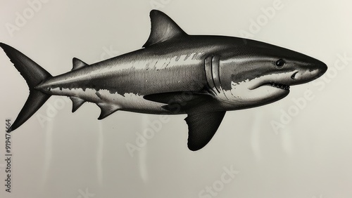 a pen and ink drawing of shark with white background