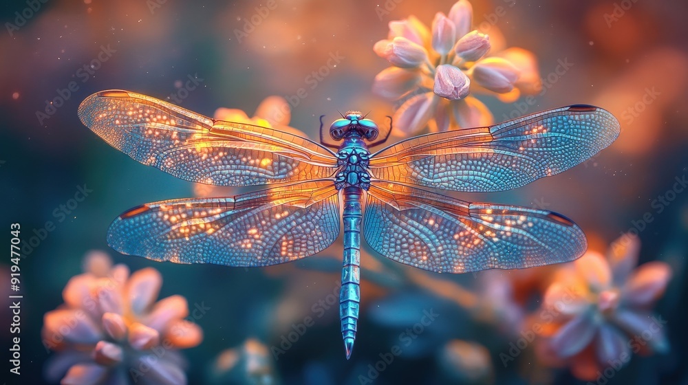 A stunning dragonfly perched gracefully on blooming flowers, showcasing intricate details and ethereal colors in a magical setting. A stunning dragonfly perched gracefully on blooming flowers, showcasing intricate details and ethereal colors in a magical setting.