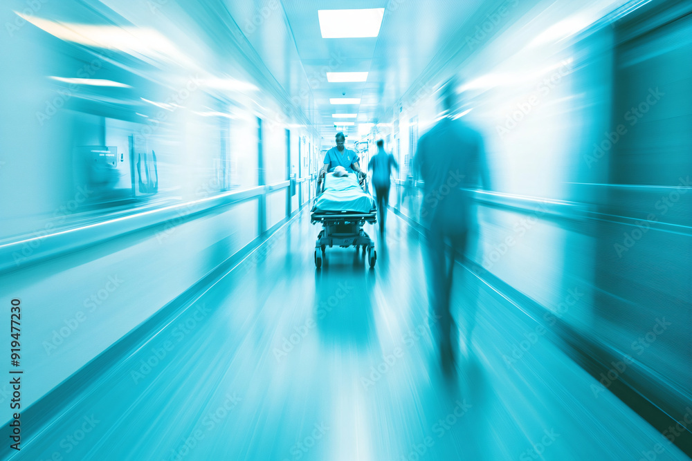 Blurred Motion of Patient Being Rushed in Hospital Corridor. Blurred Motion of Patient Being Rushed in Hospital Corridor.