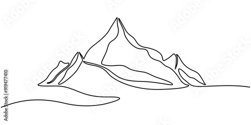 One continuous line drawing of mountain range landscape. Top view of mounts in simple linear style. Adventure winter sports concept isolated on white background. Doodle vector illustration, Mountains.
