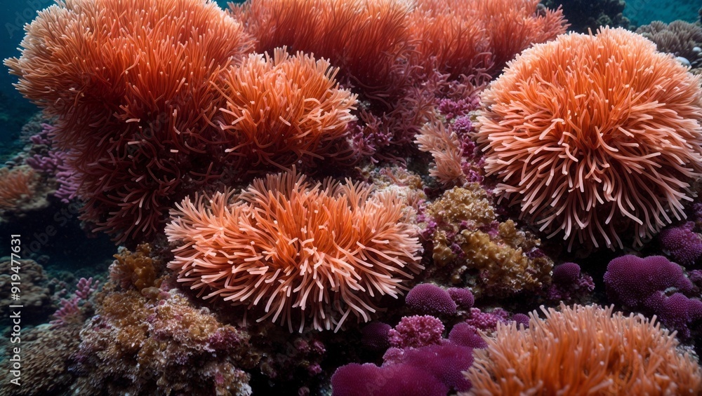 Fototapeta premium Crimson Coral Symphony: A vibrant tapestry of soft corals in a dazzling array of colors, showcasing the breathtaking beauty of a thriving reef ecosystem.