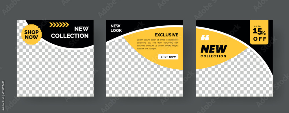 Set of Editable minimal square banner template. Black and yellow background color with stripe line shape. Suitable for social media post and web internet ads. Vector illustration with photo college Set of Editable minimal square banner template. Black and yellow background color with stripe line shape. Suitable for social media post and web internet ads. Vector illustration with photo college