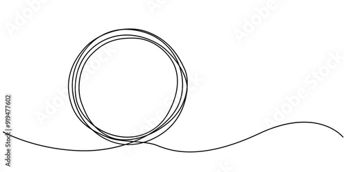 Continuous one line drawing of black circle. Round frame sketch outline on white background. Doodle vector illustration, continuous drawing of one line of a round spiral, a dream catcher web.