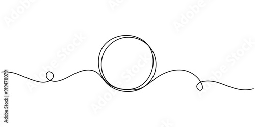 Continuous one line drawing of black circle. Round frame sketch outline on white background. Doodle vector illustration, continuous drawing of one line of a round spiral, a dream catcher web.