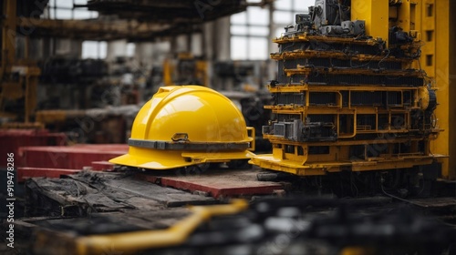 Industrial Safety: Two yellow hard hats sit atop a pile of weathered construction materials, a stark reminder of the importance of safety in the industrial setting. A sense of urgency and risk is palp