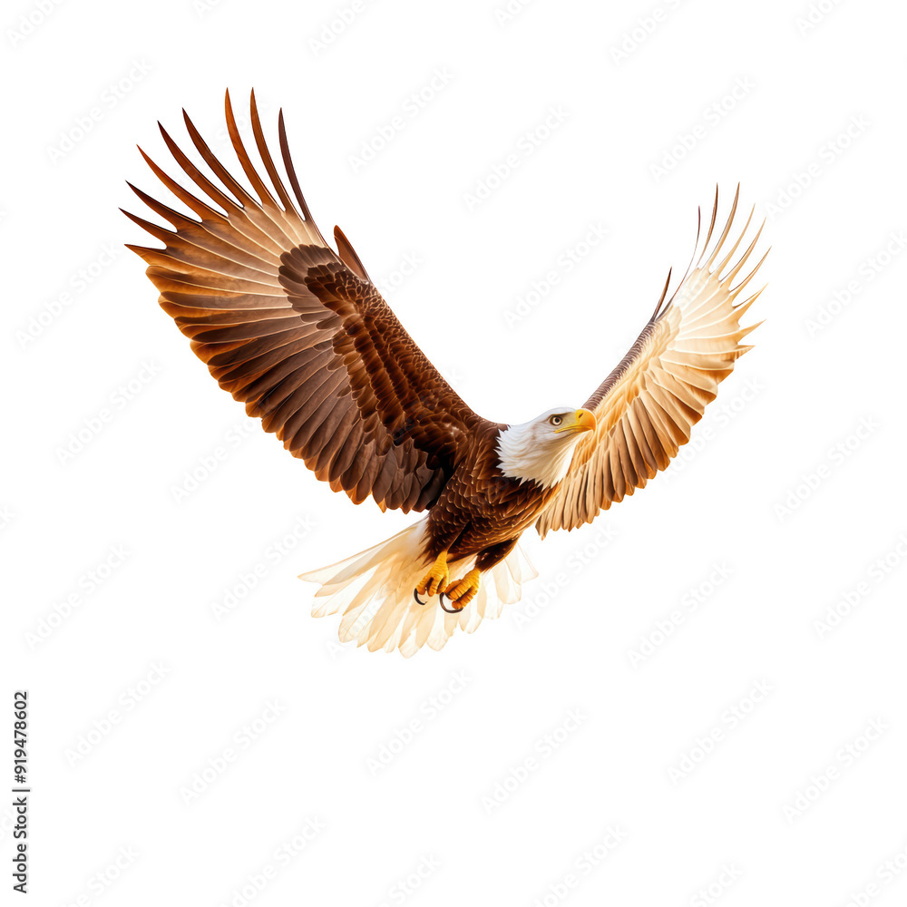Naklejka premium A majestic eagle soaring through the sky with outstretched wings isolated on a transparent background.