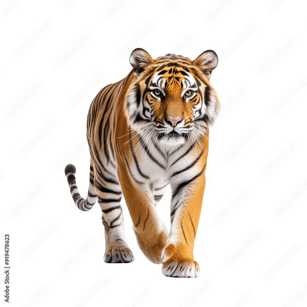 Obraz premium A majestic tiger walking confidently, showcasing its striking orange and black stripes in a powerful display of nature's beauty. isolated on a transparent background.
