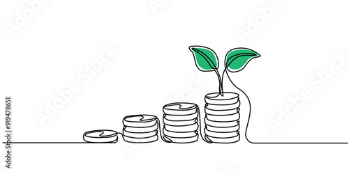 Coins stack with leaves branch continuous one line drawing. Business investing concept. Vector illustration isolated on white, Continuous one line drawing of growing money vector design. Single line.