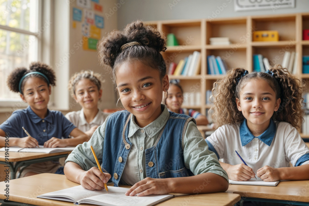 Obraz premium A group of happy young African American girls are sitting at a desk in a classroom, smiling and writing. Scene is happy and positive, as the girls seem to be enjoying their time in school