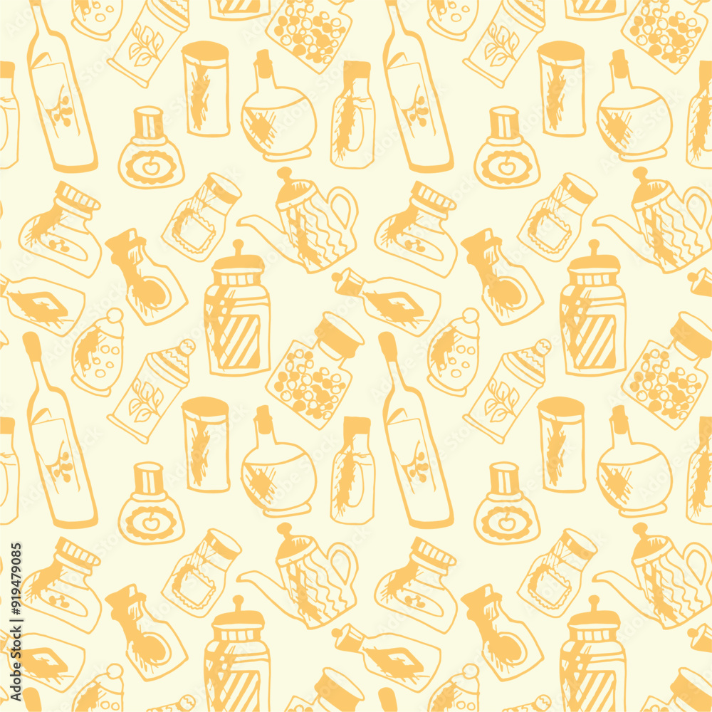 Seamless print pattern with jars and bottles with different food kitchen wallpaper background for textile, paper
Seamless print pattern with jars and bottles with different food kitchen wallpaper background for textile, paper